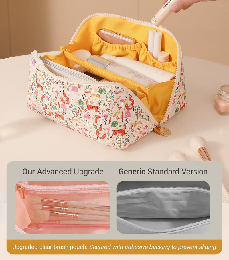 Aveniee Travel Makeup Bag for Women, Large Cosmetic Organizer with Open-Flat Design, Clear Divider & Handle - Waterproof PU Leather Toiletry Pouch - Image 3