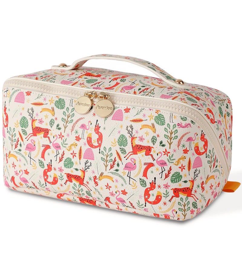 Aveniee Travel Makeup Bag for Women, Large Cosmetic Organizer with Open-Flat Design, Clear Divider & Handle - Waterproof PU Leather Toiletry Pouch - Image 1