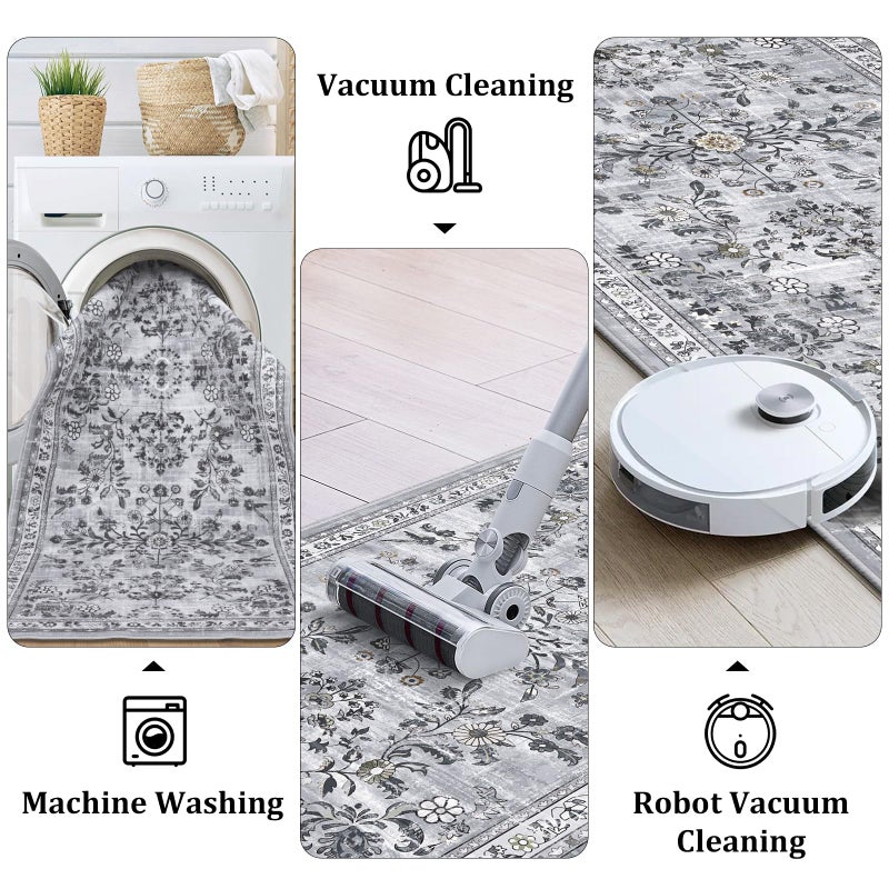Yamaziot Washable Runner Rug 2x8 â€“ Non Slip Boho Floral Hallway Runner Rug with Rubber Backing, Low Pile Faux Wool Distressed Carpet for Kitchen, Laundry, Bedroom, Entrance, Gray - Image 3