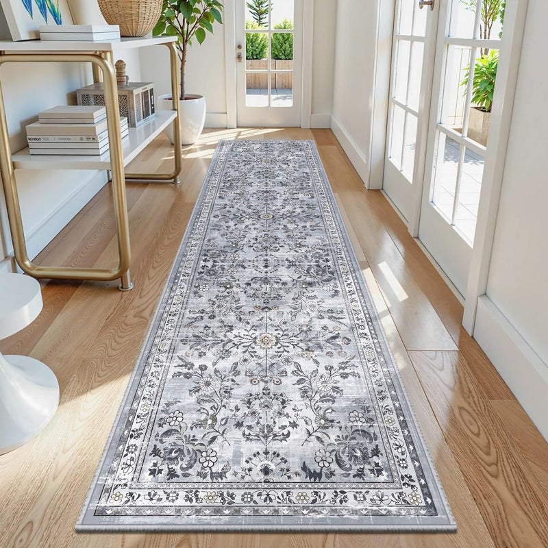 Yamaziot Washable Runner Rug 2x8 â€“ Non Slip Boho Floral Hallway Runner Rug with Rubber Backing, Low Pile Faux Wool Distressed Carpet for Kitchen, Laundry, Bedroom, Entrance, Gray - Image 1