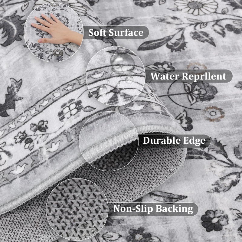 Yamaziot Washable Runner Rug 2x8 â€“ Non Slip Boho Floral Hallway Runner Rug with Rubber Backing, Low Pile Faux Wool Distressed Carpet for Kitchen, Laundry, Bedroom, Entrance, Gray - Image 4