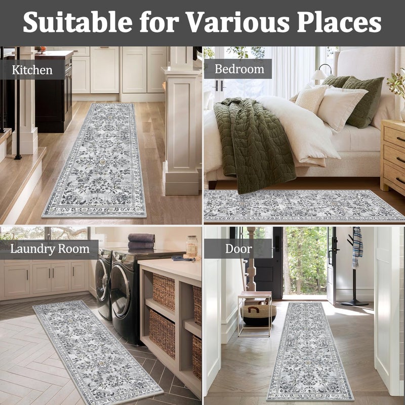 Yamaziot Washable Runner Rug 2x8 â€“ Non Slip Boho Floral Hallway Runner Rug with Rubber Backing, Low Pile Faux Wool Distressed Carpet for Kitchen, Laundry, Bedroom, Entrance, Gray - Image 5
