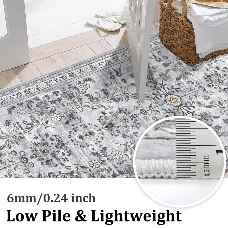 Yamaziot Washable Runner Rug 2x8 â€“ Non Slip Boho Floral Hallway Runner Rug with Rubber Backing, Low Pile Faux Wool Distressed Carpet for Kitchen, Laundry, Bedroom, Entrance, Gray - Image 2