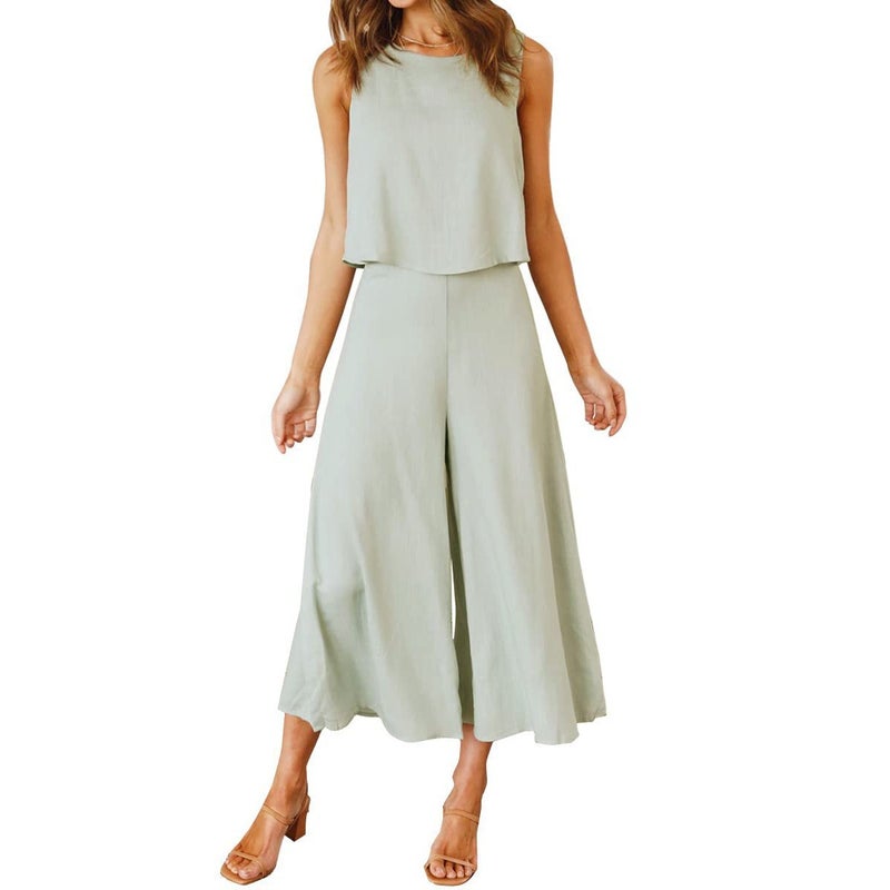 2023 European and American new TEMU womens summer 2-piece clothing round neck top short solid color wide leg pants set Greyish green