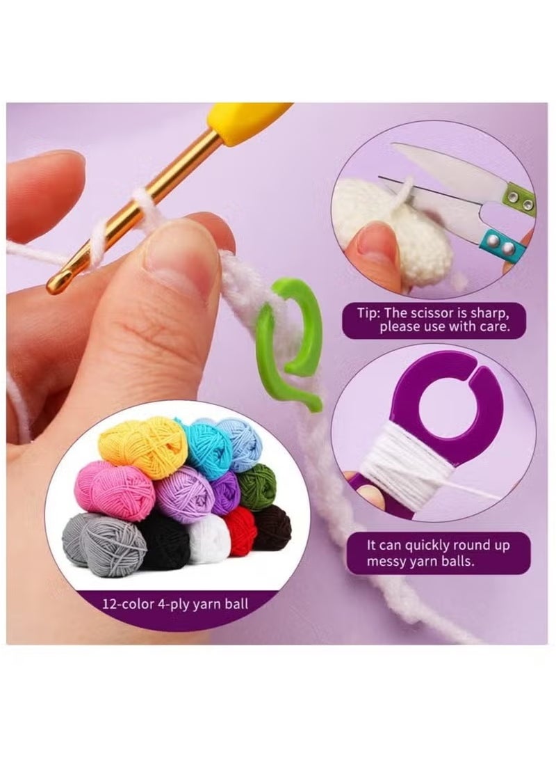 Generic 87 Pcs Crochet Kit for Beginners, Crochet Starter Kit, Crochet Needles Set with 12 Yarn Balls Plastic Sewing Needles Stitch Marker Storage Bag Knitting Accessories for Adults Beginner Craft  - Image 4