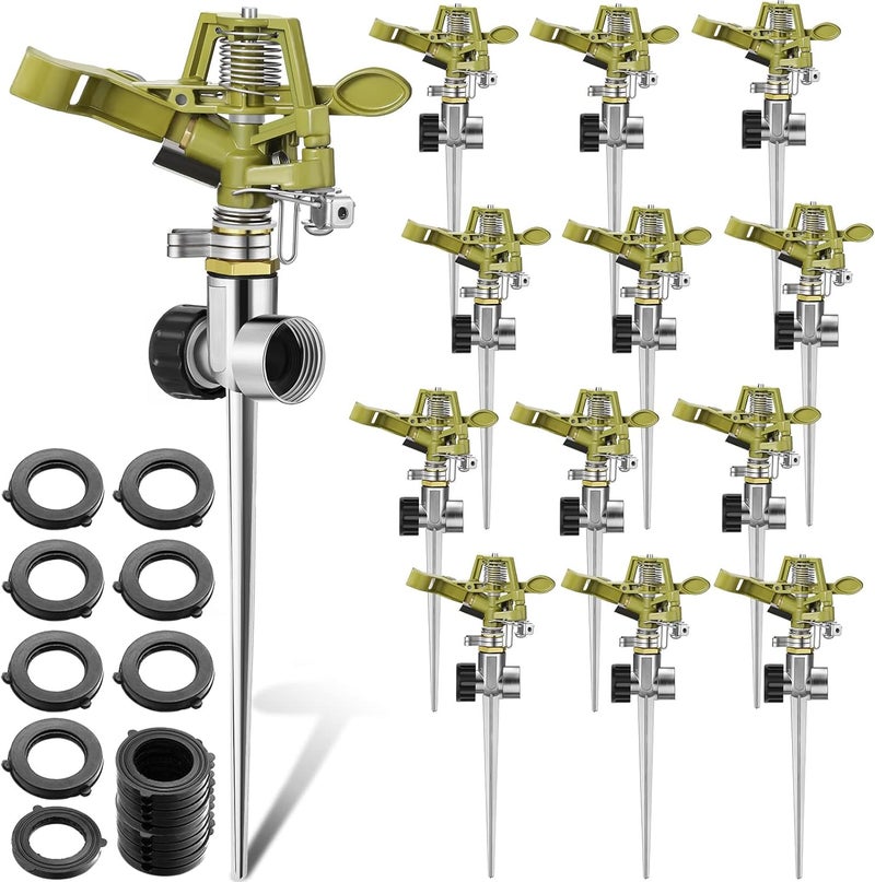 Chengu 12 Set Zinc Alloy Water Sprinklers for Lawns Yard Sprinklers Heavy Duty Sprinkler Heads Adjustable 360 Degree Watering Impact Sprinklers Pulsating Garden Sprinklers for Large Area Irrigation - Image 1
