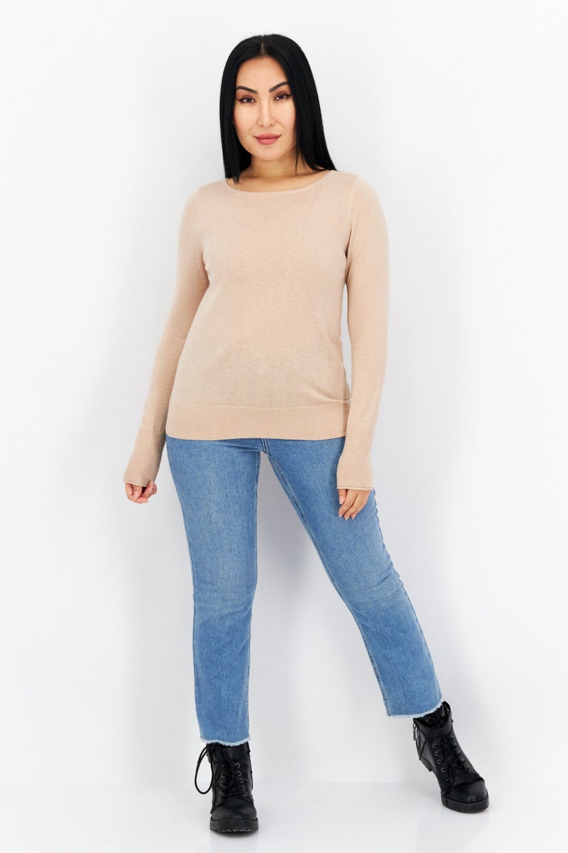 COMMA Women Round Neck Long Sleeve Solid Top, Beige - Image 3