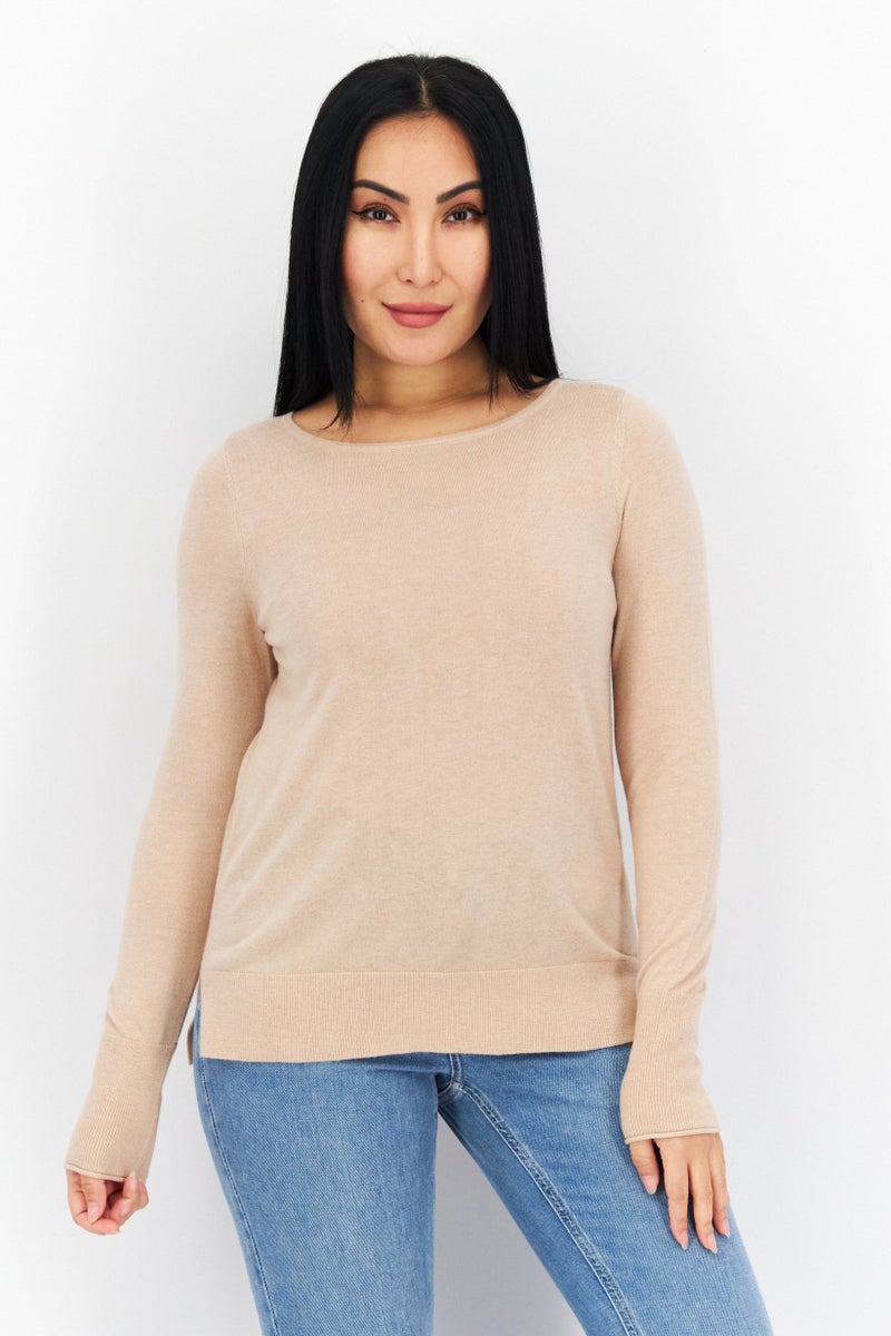COMMA Women Round Neck Long Sleeve Solid Top, Beige - Image 1