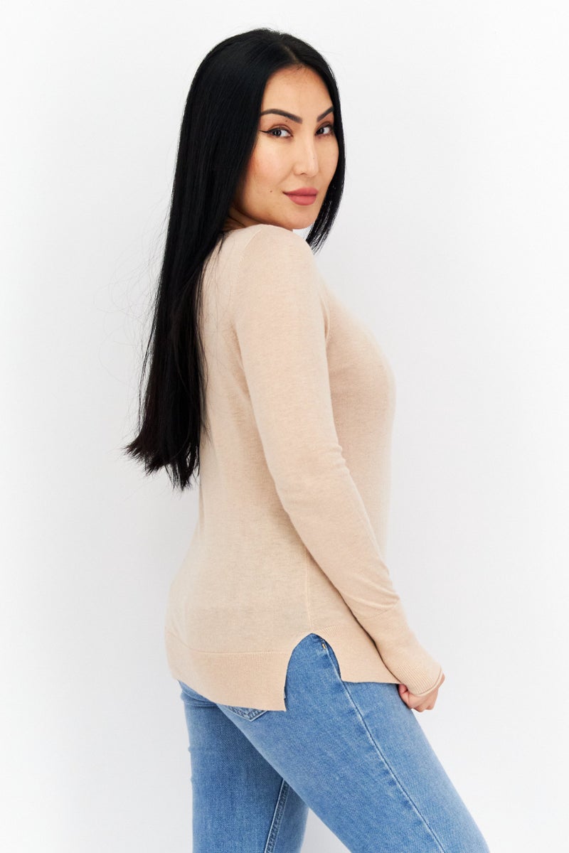 COMMA Women Round Neck Long Sleeve Solid Top, Beige - Image 4