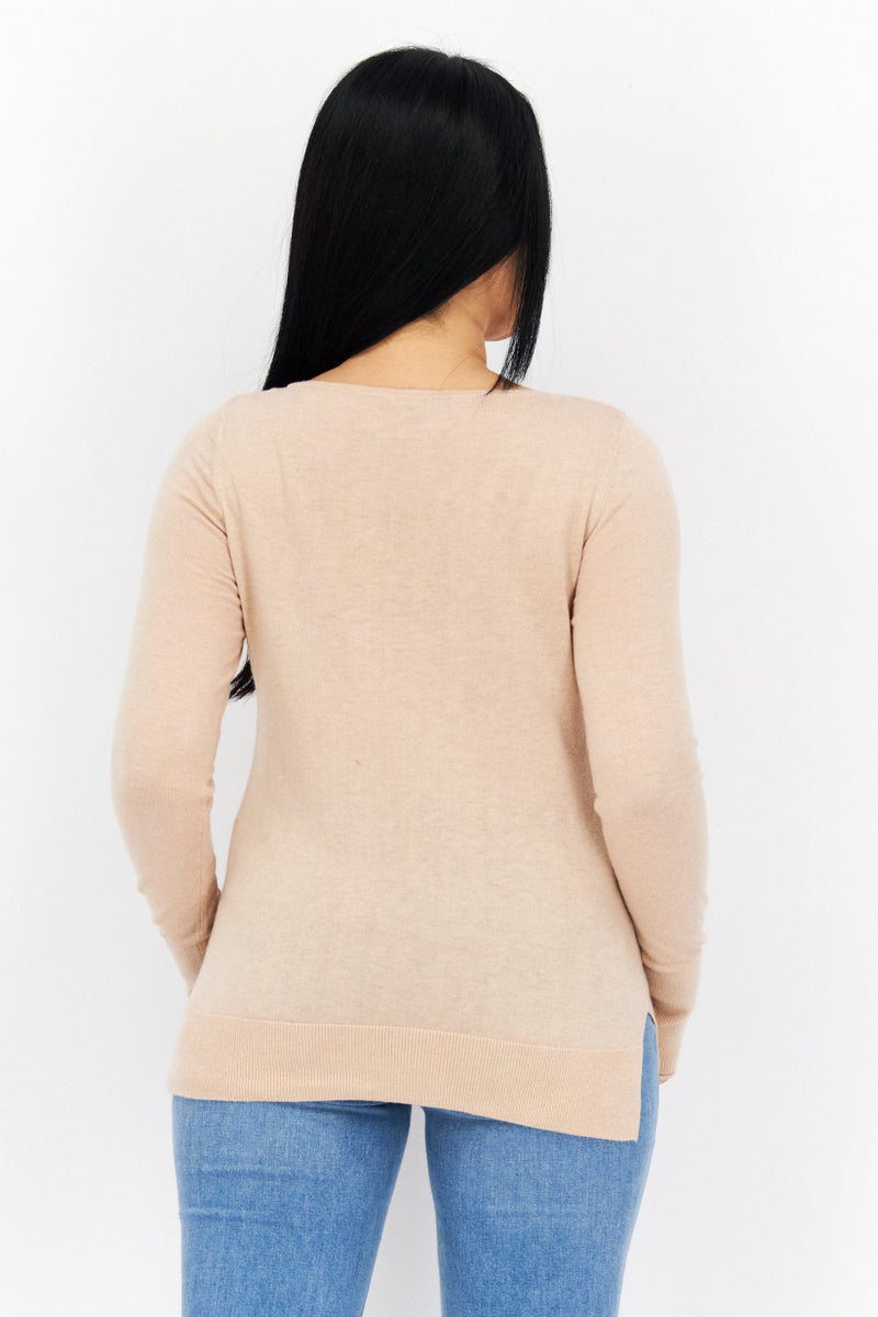 COMMA Women Round Neck Long Sleeve Solid Top, Beige - Image 2