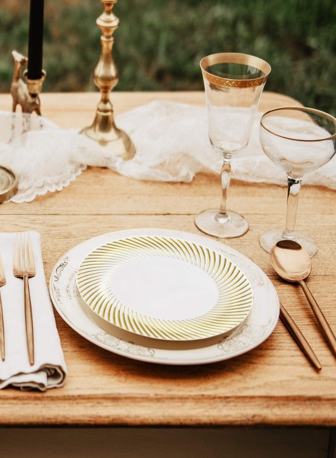 Party Essentials 70-Count Hard Plastic 6" Divine Dinnerware China Dessert/Appetizer Swirl Rim Disposable Plates, White/Gold - Image 5