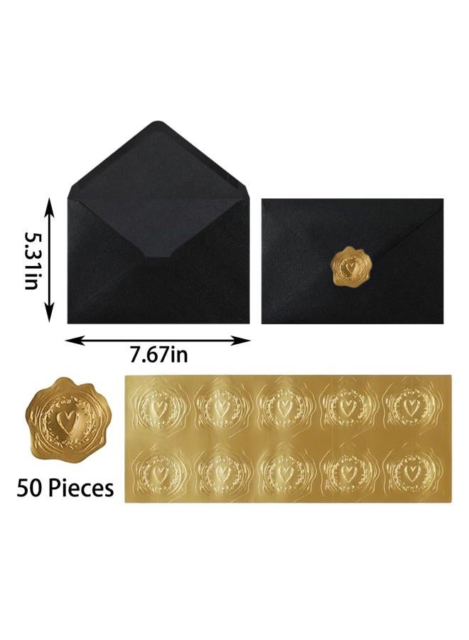UoeRing 50 Pcs Black Self Seal A7 Envelopes 5x7 Inches (5.31×7.67in) - Printable & Handwritten Friendly, Includes 50 Matte Gold Premium Sealing Stickers - Image 2