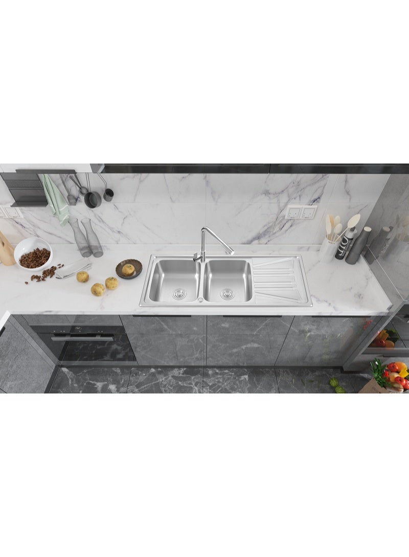 تاسفورا حوض مطبخ من الستانلس ستيل | حوض مزدوج | مقاس 120×50×22 سم | مع لوح تصريف | تصميم عصري بلون فضي كروم | حوض مطبخ يركب على السطح | مناسب للمطابخ الحديثة** - Image 5
