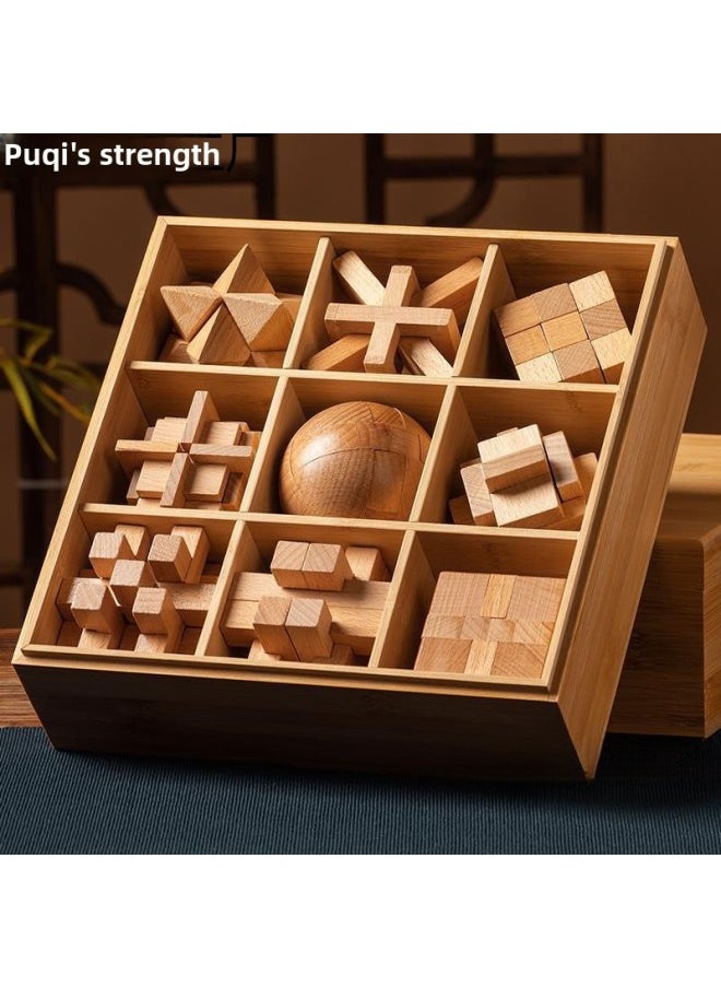 Generic - Luban Lock Kongming Lock Full Set Of Children's Educational Toys For Primary School Students-Year-old Unlock Unlocking Boys' Intelligence Building Blocks-Color:Beech Set B Nine-piece Set [gift Box] Advanced And Recommended For Middle School Students - Image 1