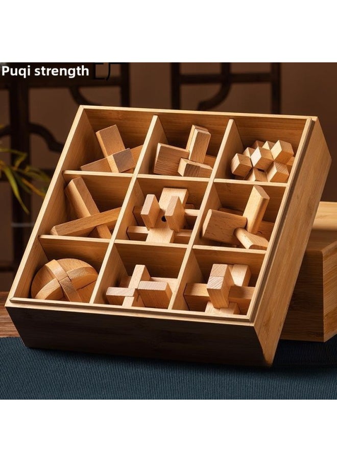 Generic - Luban Lock Kongming Lock Full Set Of Children's Educational Toys For Primary School Students-Year-old Unlock Unlocking Boys' Intelligence Building Blocks-Color:Beech Set B Nine-piece Set [gift Box] Advanced And Recommended For Middle School Students - Image 1