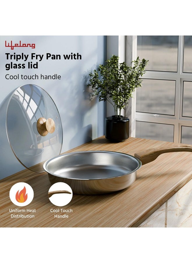 Lifelong - Lifelong TriPly Fry Pan with Glass Lid for Cooking, Stainless Steel - 24 cm Fry Pan with Glass Lid, 1.5 Litre, Induction Bottom and Gas Stove Cookware - (Silver, LLTPFP27) - Image 1