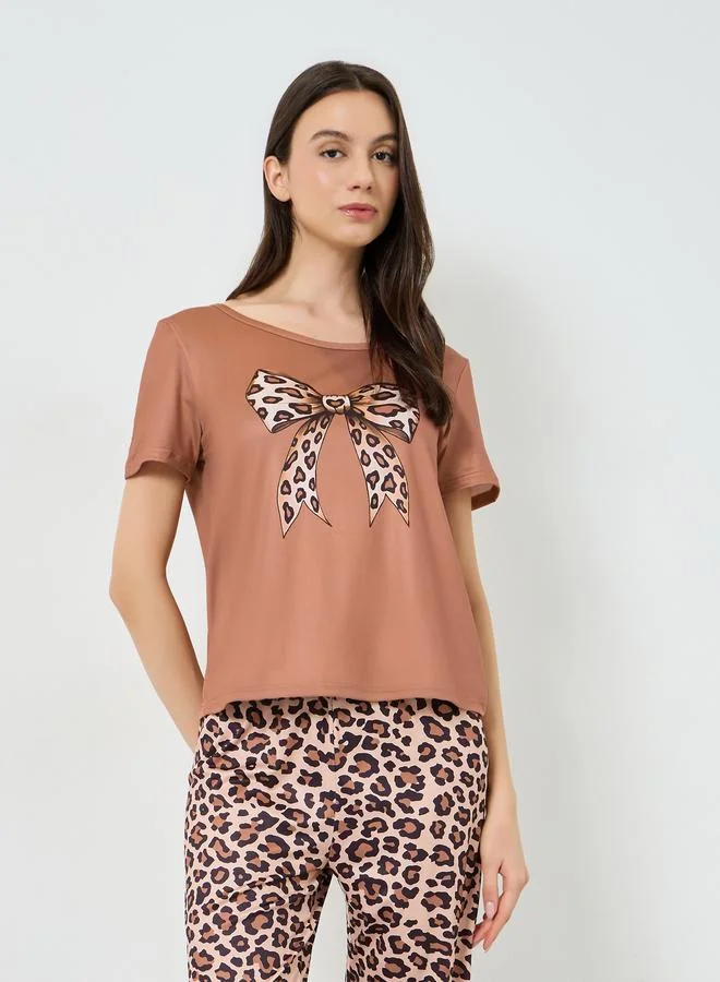 Take Two Brown Bow Print T-Shirt and Leopard Pyjama Set