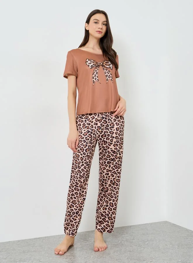 Take Two Brown Bow Print T-Shirt and Leopard Pyjama Set