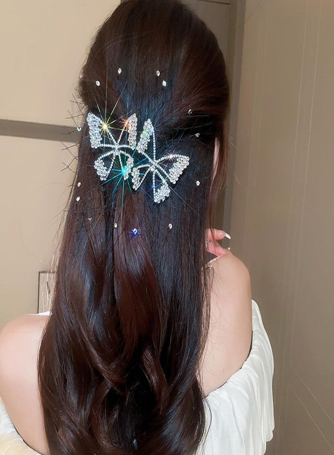 Jumwrit Rhinestone Double Butterfly Hair Clip Boho Hollow Mesh Hair Barrette Sparkle Fairy Hairpin Strong Hold Ponytail Holder Clip Accessories for Women Girls (Silver) - Image 1
