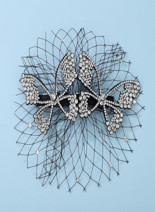 Jumwrit Rhinestone Double Butterfly Hair Clip Boho Hollow Mesh Hair Barrette Sparkle Fairy Hairpin Strong Hold Ponytail Holder Clip Accessories for Women Girls (Silver) - Image 3