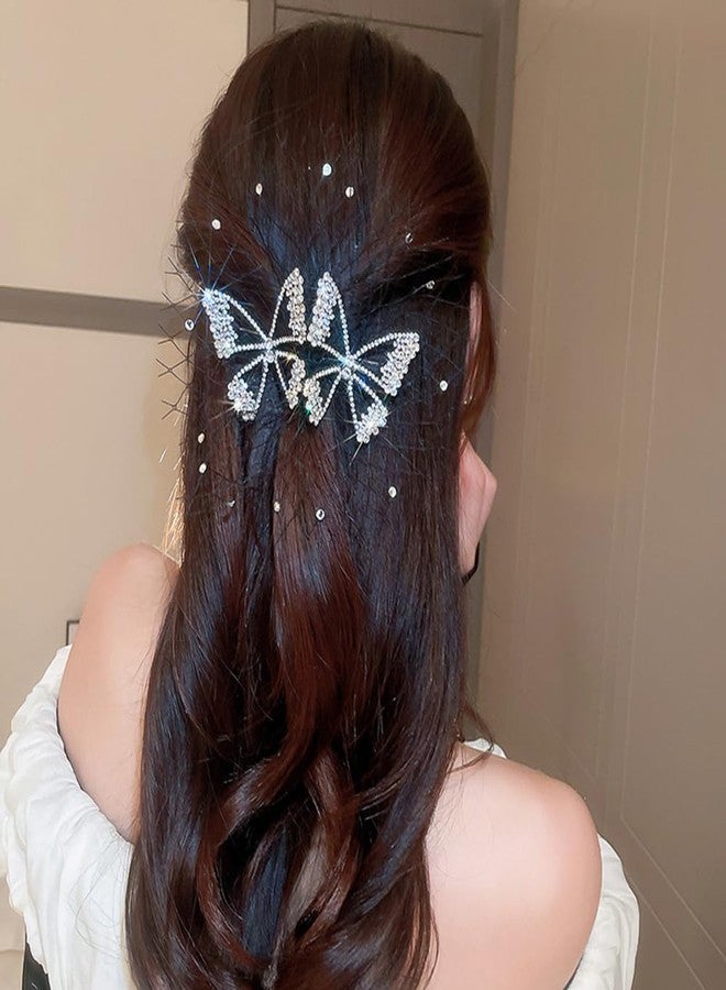 Jumwrit Rhinestone Double Butterfly Hair Clip Boho Hollow Mesh Hair Barrette Sparkle Fairy Hairpin Strong Hold Ponytail Holder Clip Accessories for Women Girls (Silver) - Image 2