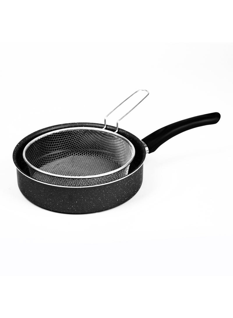 LAZORD Granite Suate Pan 24cm Black with stainless steel strainer 2 Piece