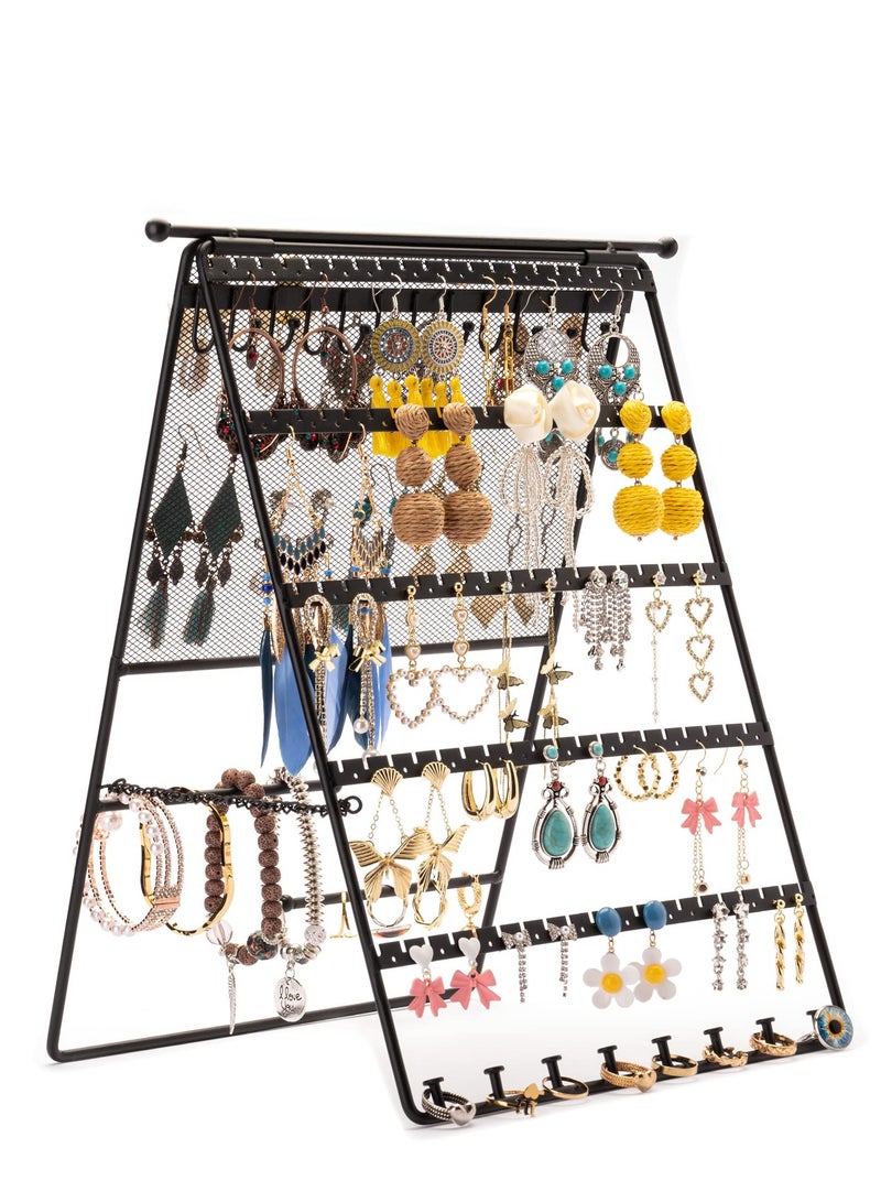SOLARAE Earring Organizer Holder, 5-Tier Fold Jewelry Tower Necklace Bracelets Stud Earring Watches Stand Display for Girls Women, Double-side Jewelry Storage Earring Necklace Holder Rack - Image 1