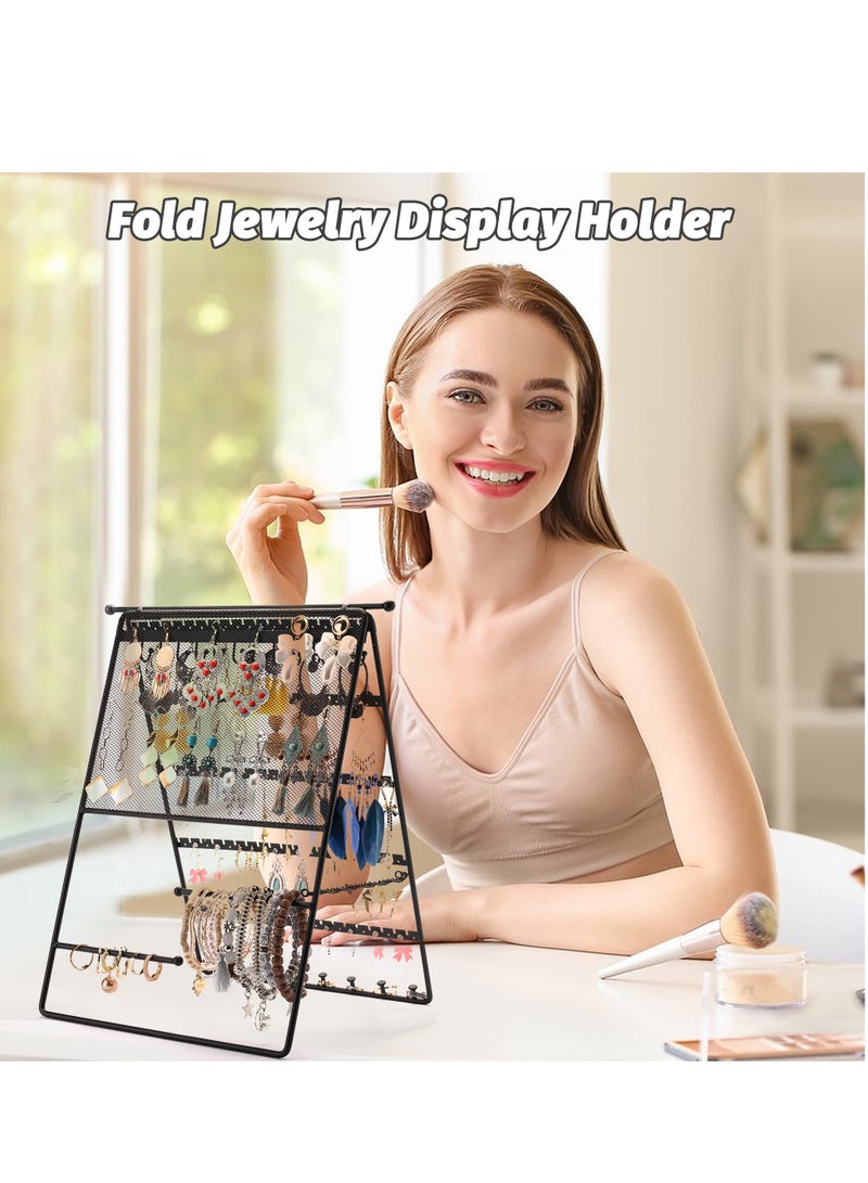 SOLARAE Earring Organizer Holder, 5-Tier Fold Jewelry Tower Necklace Bracelets Stud Earring Watches Stand Display for Girls Women, Double-side Jewelry Storage Earring Necklace Holder Rack - Image 3