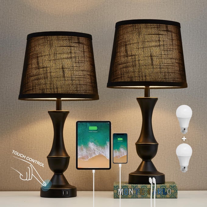 BLACK TOUCH TABLE LAMPS SET OF 2 22 TALL BEDSIDE LAMPS WITH USB CA CHARGING PORTS NIGHTSTAND LAMPS FOR FOR BEDROOM LIVING ROOM OFFICE WITH BLACK LAMPSHADE LED BULB INCLUDED