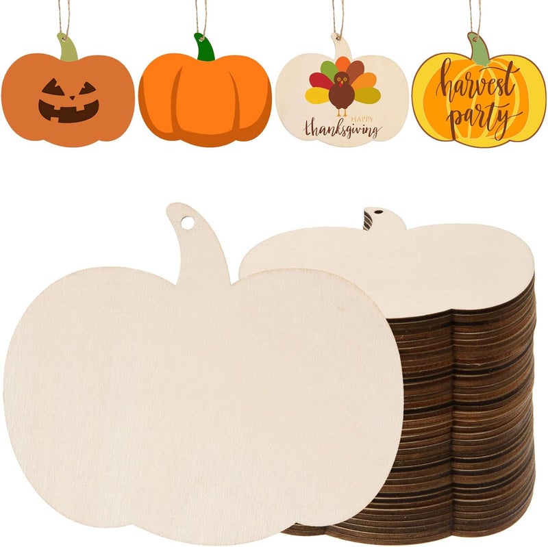 AWIZOM 72 Pcs Pumpkin Wood Cutouts Unfinished Fall Wooden Ornaments Blank Pumpkin Wooden Slices with Hole Thanksgiving Hanging Decoration with Twine for Halloween Autumn Harvest DIY Crafts394x335 - Image 1