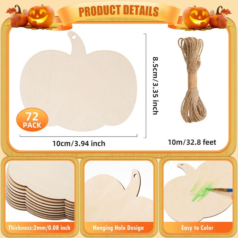 AWIZOM 72 Pcs Pumpkin Wood Cutouts Unfinished Fall Wooden Ornaments Blank Pumpkin Wooden Slices with Hole Thanksgiving Hanging Decoration with Twine for Halloween Autumn Harvest DIY Crafts394x335 - Image 2