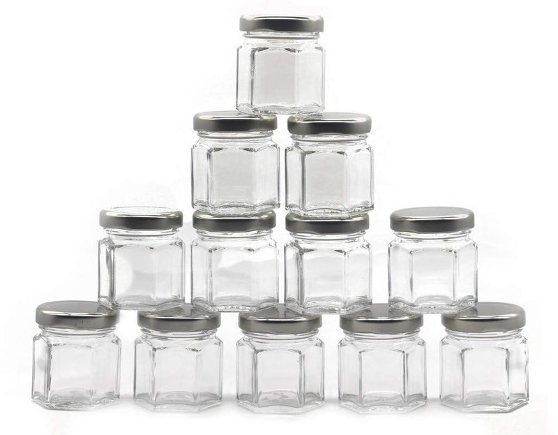GLAZZURE Glazzure Cute Hexagonal 50 Grams Airtight Glass Jar Containers for Honey Spices Other Kitchen Items with Rust Proof Silver Color Caps Set of 12  - Image 2