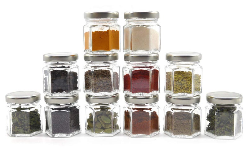 GLAZZURE Glazzure Cute Hexagonal 50 Grams Airtight Glass Jar Containers for Honey Spices Other Kitchen Items with Rust Proof Silver Color Caps Set of 12  - Image 1