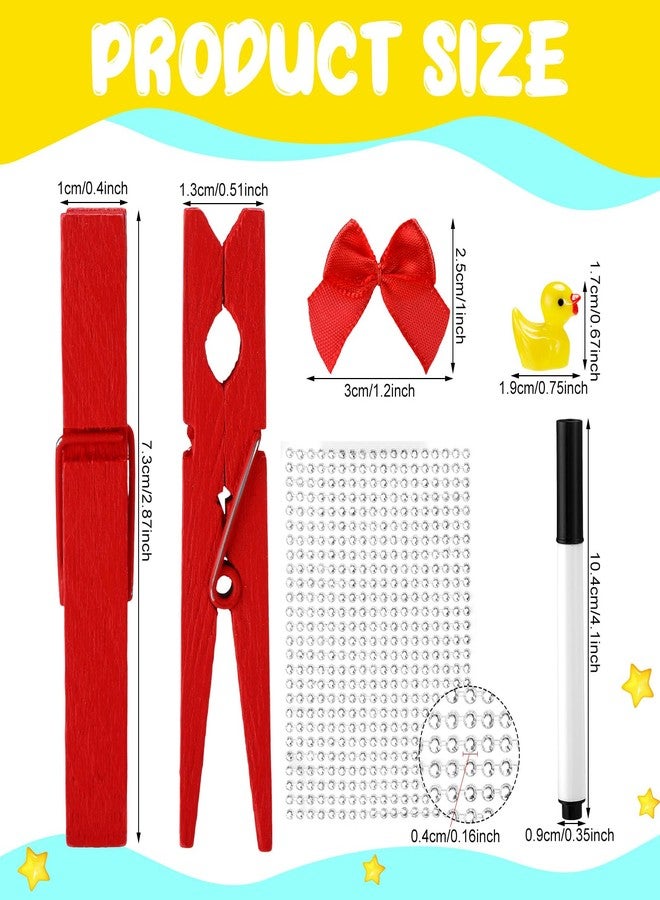 Dingion 60 Set Cheerleading Clothespins Include 60 Pcs Colored Wooden Cheer Pins 30 Pcs Mini Resin Ducks 30 Pcs Mini Bows and Self Adhesive Stickers Pen Glue for Ribbon Team Classroom Cheer Gifts - Image 3