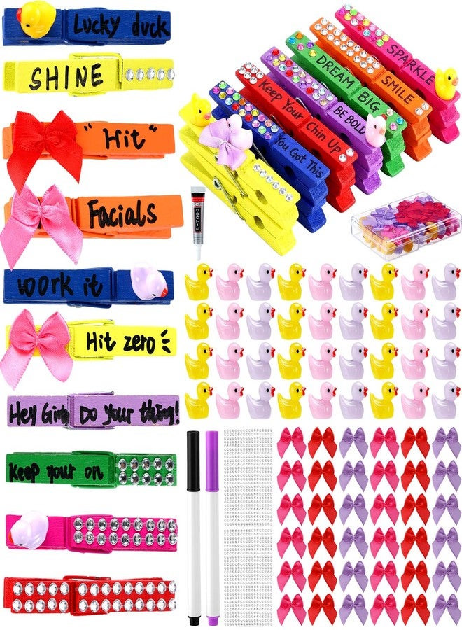 Dingion 60 Set Cheerleading Clothespins Include 60 Pcs Colored Wooden Cheer Pins 30 Pcs Mini Resin Ducks 30 Pcs Mini Bows and Self Adhesive Stickers Pen Glue for Ribbon Team Classroom Cheer Gifts - Image 1