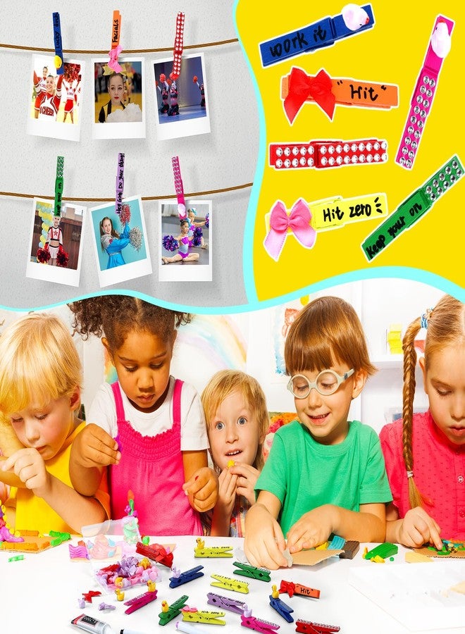 Dingion 60 Set Cheerleading Clothespins Include 60 Pcs Colored Wooden Cheer Pins 30 Pcs Mini Resin Ducks 30 Pcs Mini Bows and Self Adhesive Stickers Pen Glue for Ribbon Team Classroom Cheer Gifts - Image 5
