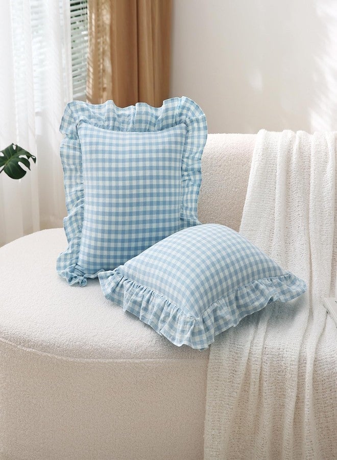 K MASANIJI طقم أغطية وسائد من قطعتين من كي ماسانيجي، بنقشة مربعات زرقاء فاتحة وبيضاء، مصنوعة من القطن المغسول بنسبة 100%، بنقشة مربعات ريفية، مناسبة للسرير/الأريكة - مقاس 18 بوصة × 18 بوصة - Image 3