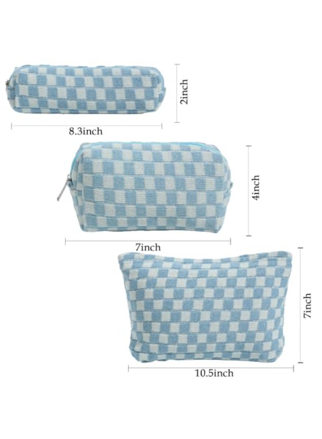 LYDZTION Large Capacity Makeup Bag Set 3 Pieces Checkered Cosmetic Bag for Women Travel Makeup Bag Organizer Cute Makeup Brushes Storage Bag Travel Toiletry Bag Storage Bag for WomenBlue - Image 3