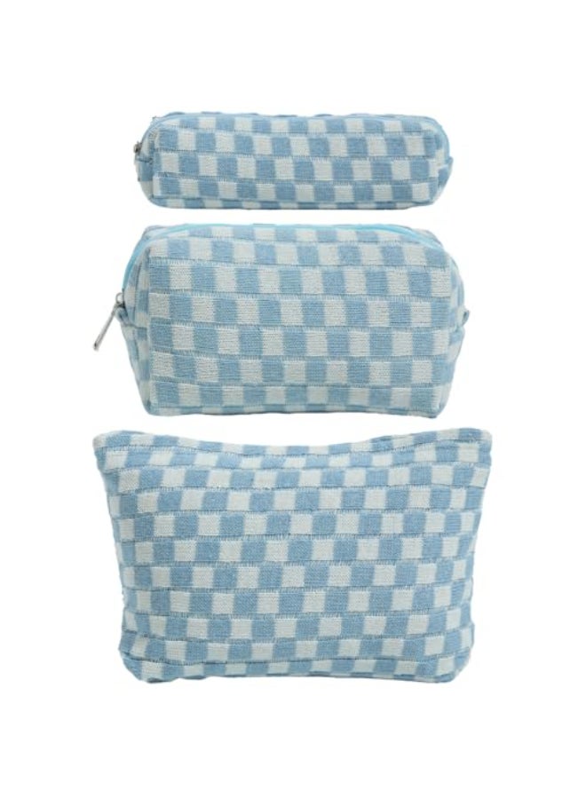 LYDZTION Large Capacity Makeup Bag Set 3 Pieces Checkered Cosmetic Bag for Women Travel Makeup Bag Organizer Cute Makeup Brushes Storage Bag Travel Toiletry Bag Storage Bag for WomenBlue - Image 1