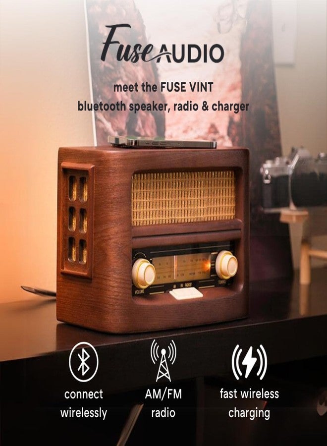 Fuse Vint Vintage Wood Retro Radio | Wireless Charging Pad | AM/FM Radio Speaker with Bluetooth & AUX Input | Mid-Century Modern Design | Handcrafted Ashtree Wood Exterior - Image 4