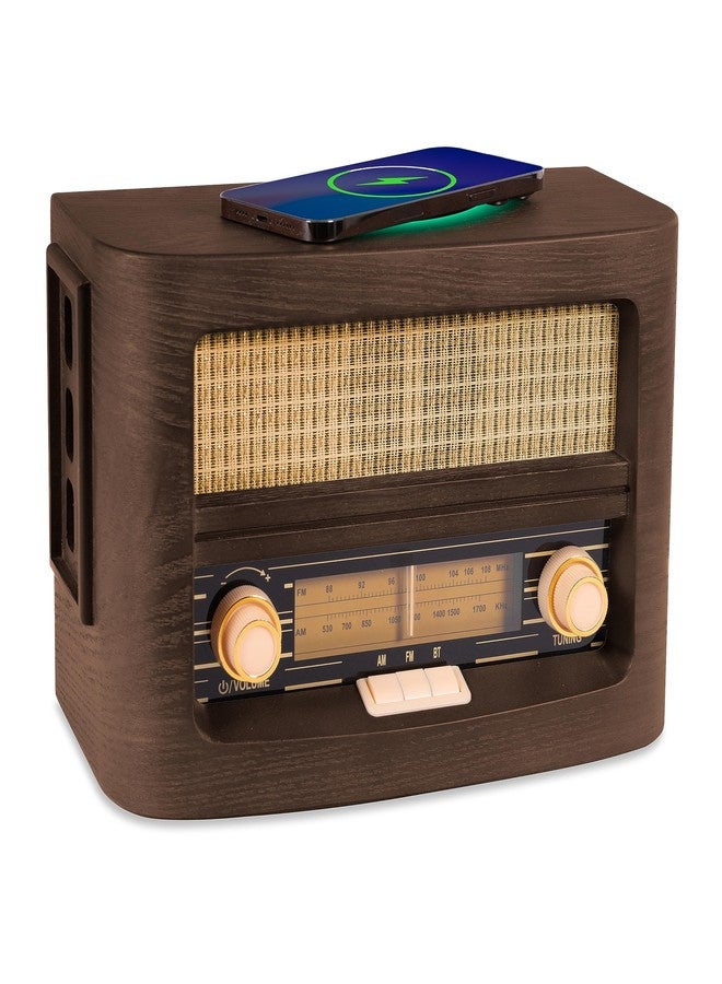 Fuse Vint Vintage Wood Retro Radio | Wireless Charging Pad | AM/FM Radio Speaker with Bluetooth & AUX Input | Mid-Century Modern Design | Handcrafted Ashtree Wood Exterior - Image 1