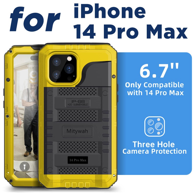 Mitywah Waterproof Case for iPhone 14 Pro Max, Heavy Duty Shockproof Case with Built-in Screen Protector, Full Body Underwater Protective Metal Case 6.7 inch, Yellow - Image 2
