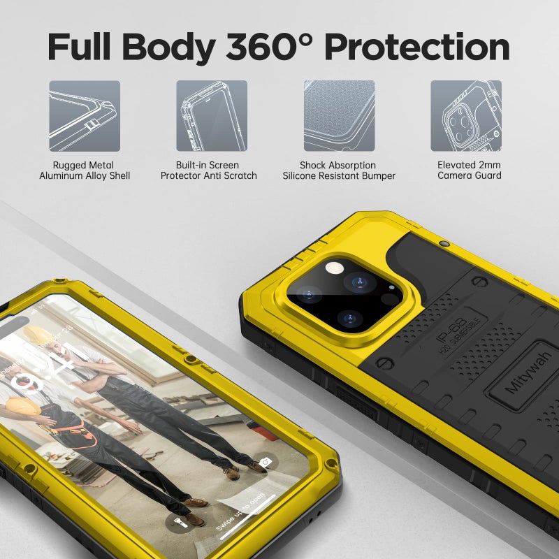 Mitywah Waterproof Case for iPhone 14 Pro Max, Heavy Duty Shockproof Case with Built-in Screen Protector, Full Body Underwater Protective Metal Case 6.7 inch, Yellow - Image 4
