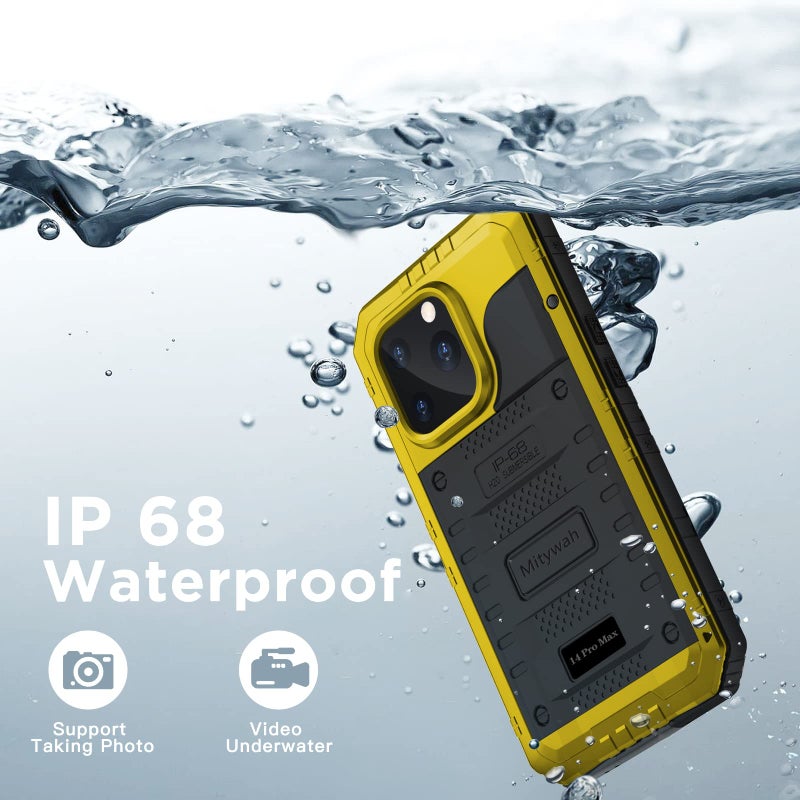 Mitywah Waterproof Case for iPhone 14 Pro Max, Heavy Duty Shockproof Case with Built-in Screen Protector, Full Body Underwater Protective Metal Case 6.7 inch, Yellow - Image 5