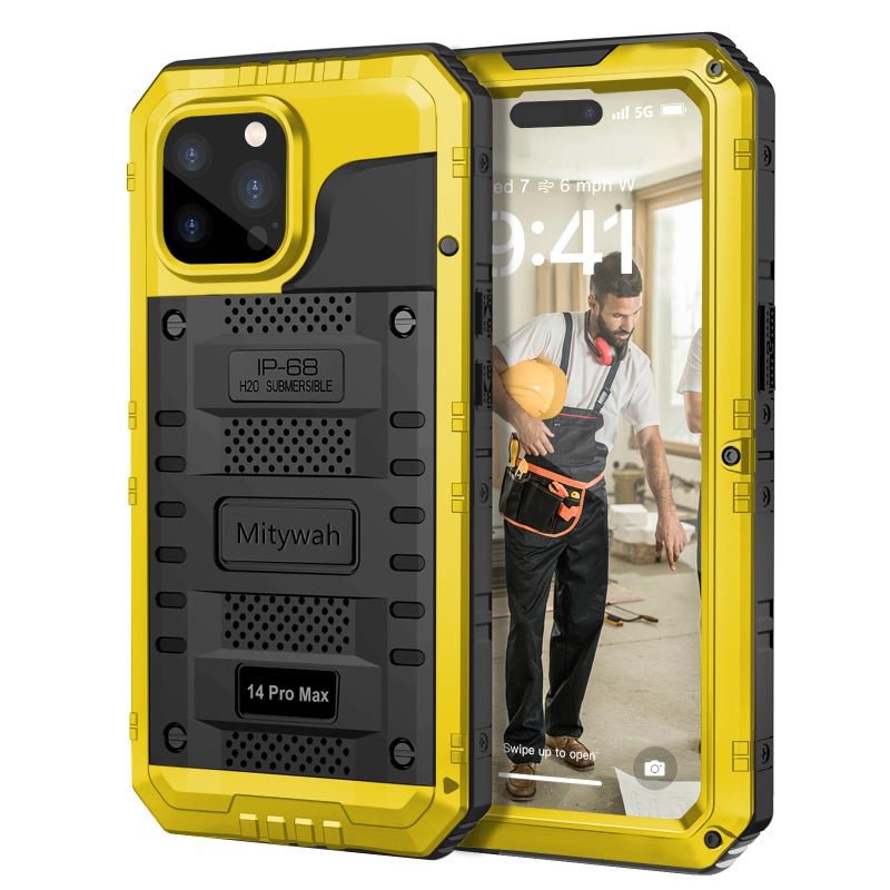 Mitywah Waterproof Case for iPhone 14 Pro Max, Heavy Duty Shockproof Case with Built-in Screen Protector, Full Body Underwater Protective Metal Case 6.7 inch, Yellow - Image 1