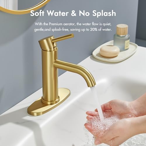 WINKEAR Gold Bathroom Faucet, WINKEAR Single Hole Bathroom Faucet with Pop-up Drain and Flexible Hoses, Single Handle for Sink, Vanity, RV, Modern Farmhouse, Suitable for 1 Hole or 3 Hole - Image 3