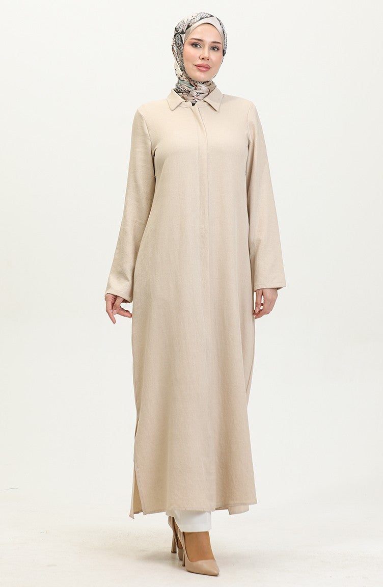 Sefa Merve Shirt Collar Abaya 24019-03 Beige - Image 1