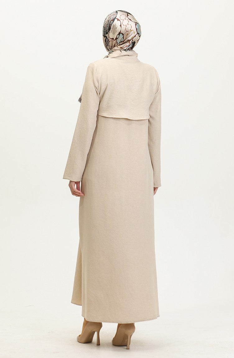 Sefa Merve Shirt Collar Abaya 24019-03 Beige - Image 5