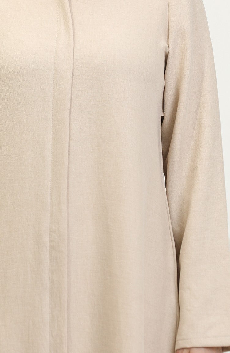 Sefa Merve Shirt Collar Abaya 24019-03 Beige - Image 4