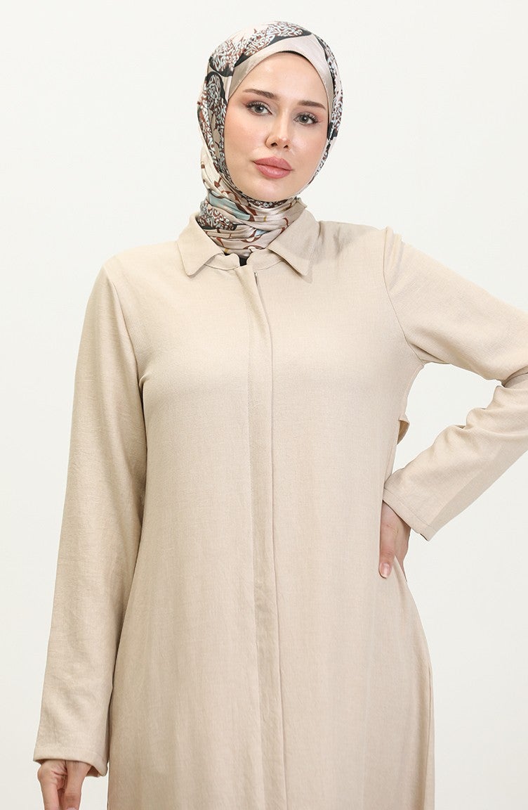 Sefa Merve Shirt Collar Abaya 24019-03 Beige - Image 3